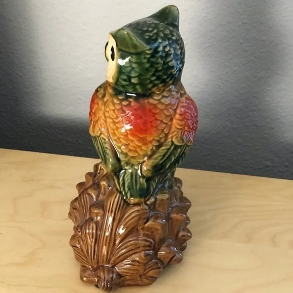 Vintage Pier 1 Imports Majolica Ceramic Horned Owl Perched on a Pinecone 8